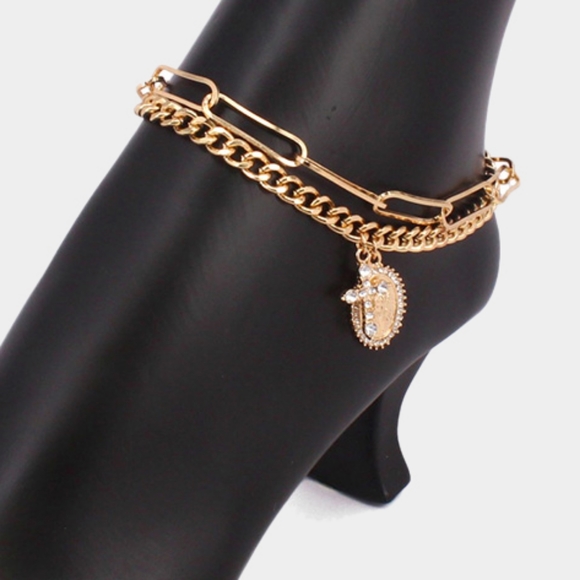 Gold Chain Virgin Mary Cross Pendant Layered Anklet Metal 2 Piece Charms - Picture 4 of 4